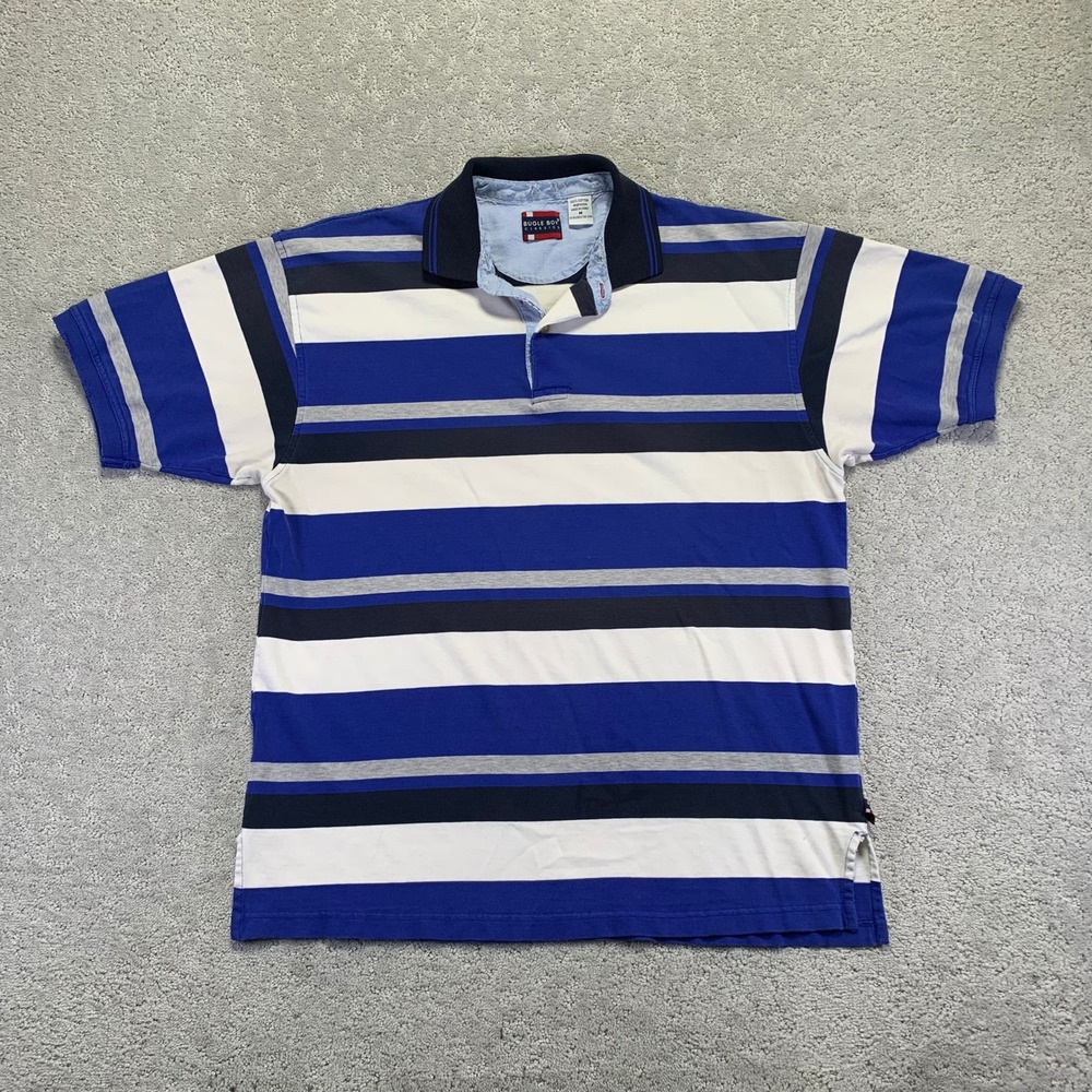 Vintage Bugle Boy Polo Shirt Mens M Striped Blue White Surf Distressed Neckline